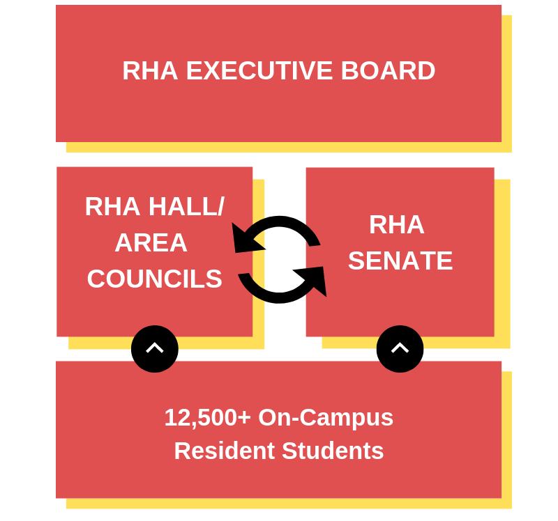 Flowchart of RHA structure: Executive Board above Hall Councils and Senate, which are then above 12,500+ residents.