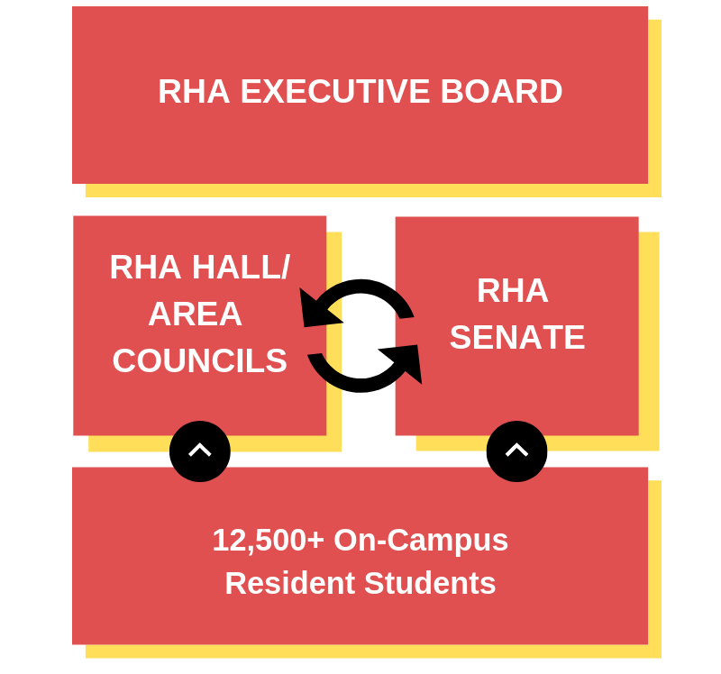 Flowchart of RHA structure: Executive Board above Hall Councils and Senate, which are then above 12,500+ residents.